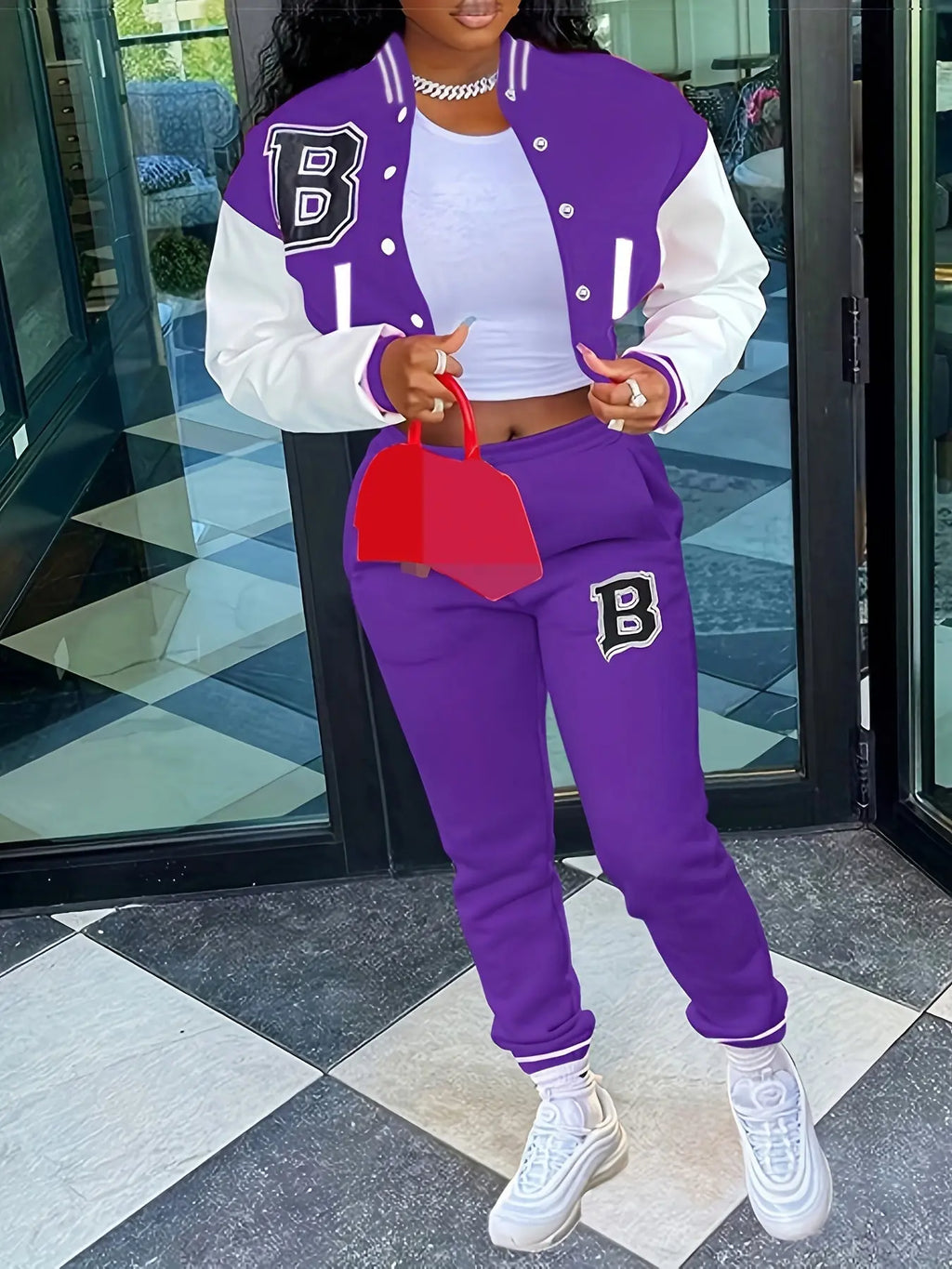 Chic, Women's Casual Letter Print Baseball Jacket and Pants Set - Red and White, Polyester Blend, Machine Washable, Fall/Winter Fashion Ensemble NNOS