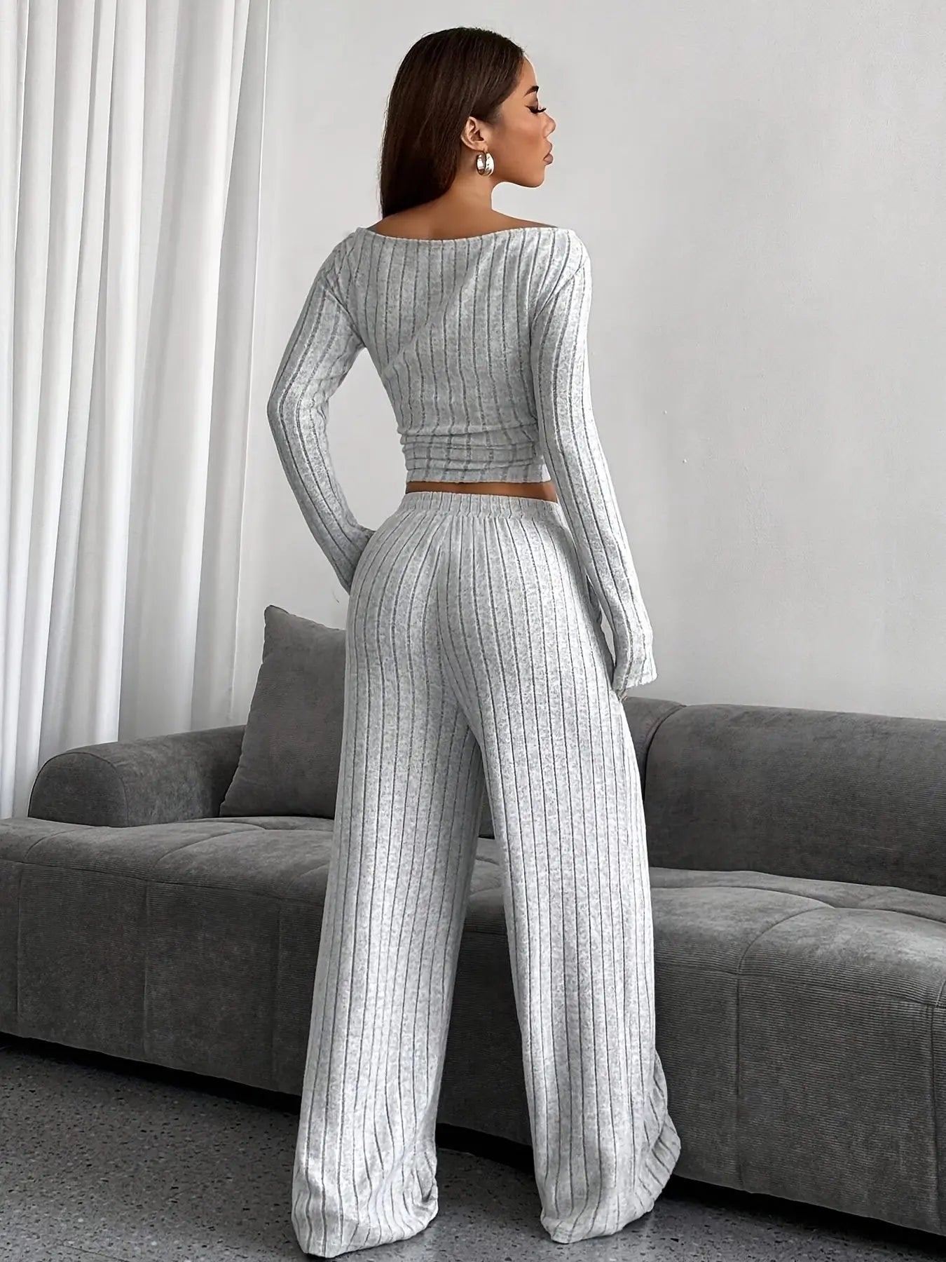 Elegant Knit Suit, Deep Gray, Scoop Neck, One Shoulder, Asymmetrical Shoulde NNOS