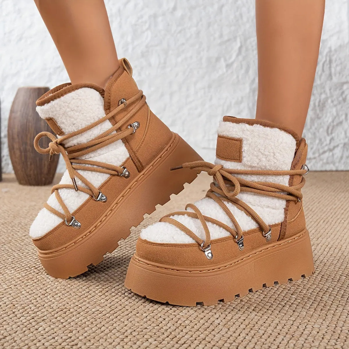 Women’s Cozy Fleece-Lined Winter Boots – Warm Lace-Up Snow Shoes with Buckles NNOS