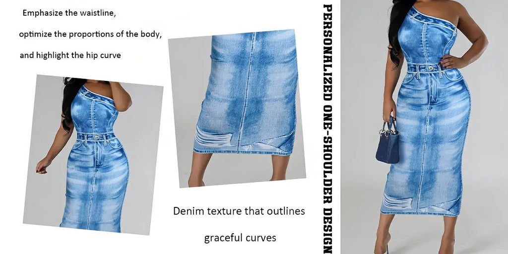 Women’s Off-Shoulder Denim Print Bodycon Dress – Slim Fit Casual to Evening NNOS