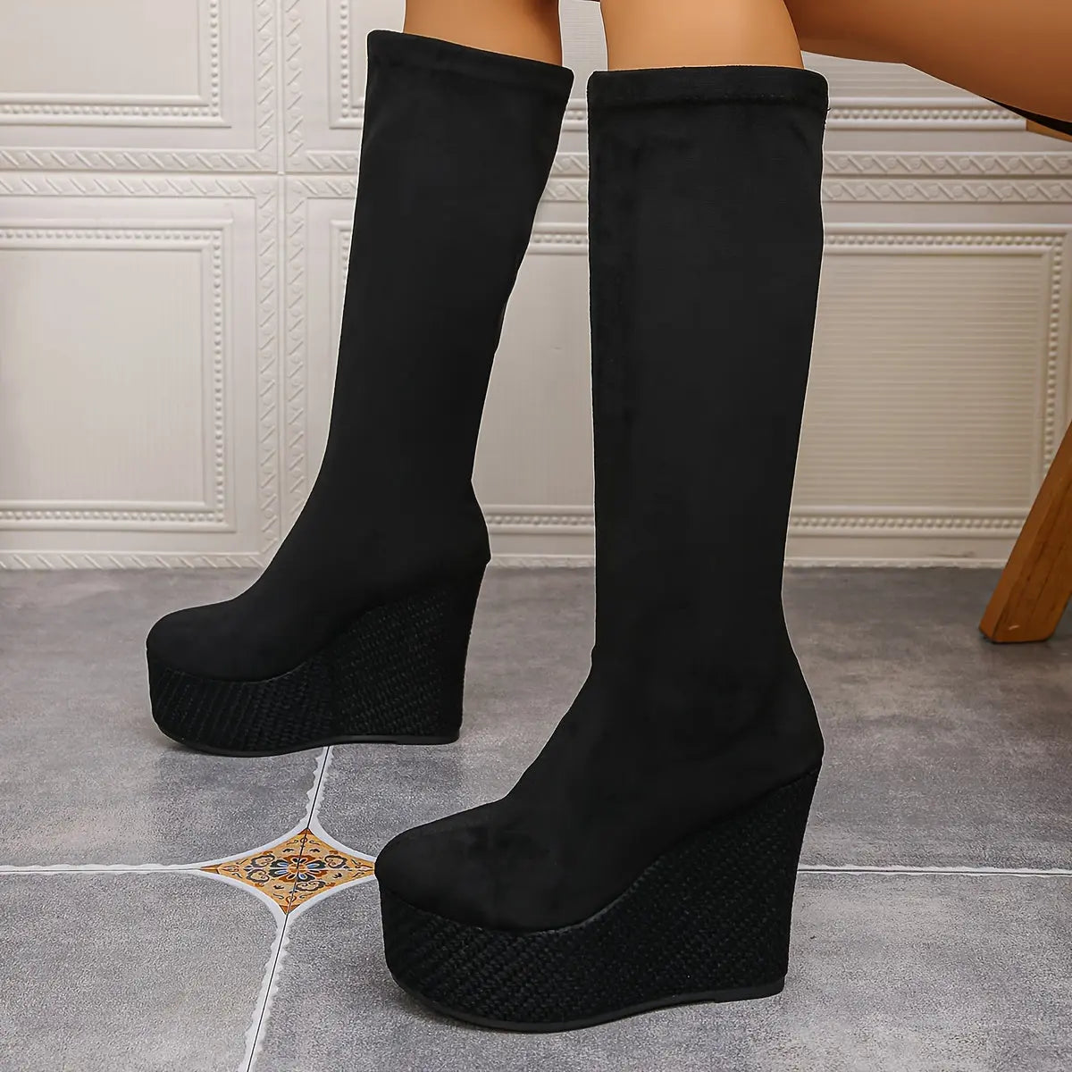 Women’s Stretch Knee-High Boots – Ultra High Heel Thick Sole Height Boosters NNOS