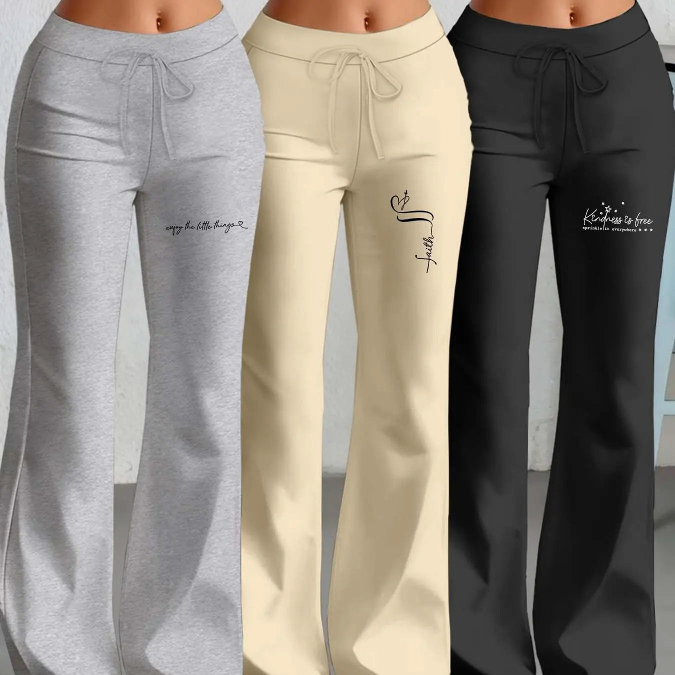 European and American Women's Straight-Leg Flare Pants Classic Personality English Text Print Long Pants 3pcs Set NNOS