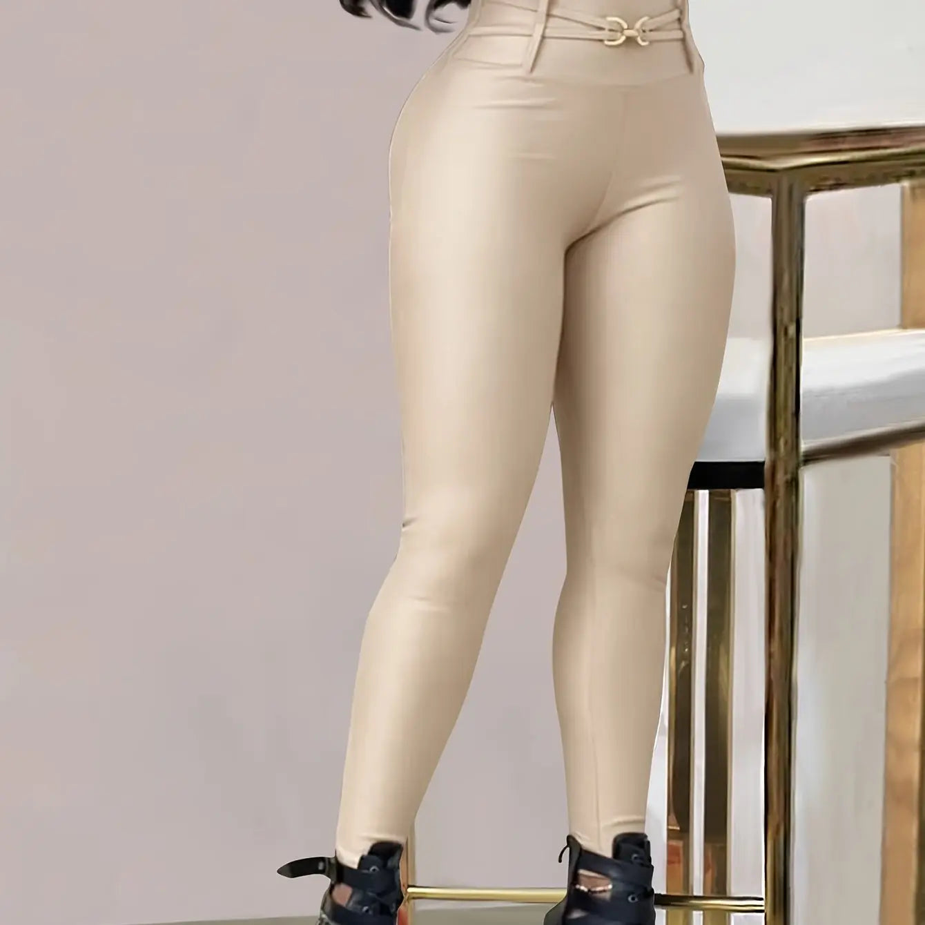 Women’s High-Waist Black Skinny Leggings – Stretchy Fit with Button Detail NNOS