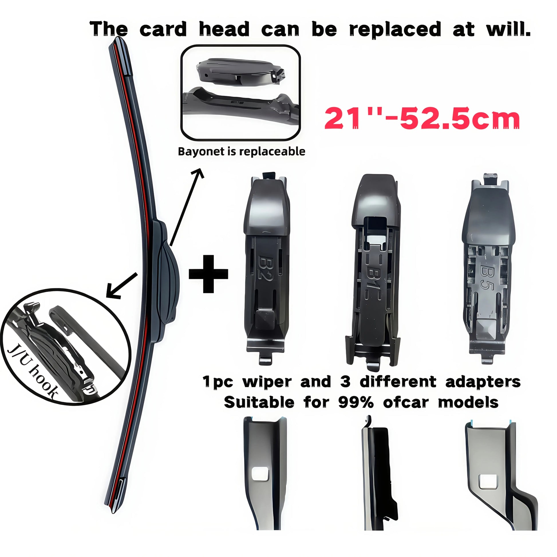 Brand New Upgraded All-Season Car Windshield Wipers with U/J Type Hook Blades + 3pcs Adapter Replacement Heads/6 Rubber Strips for Car Wipers, Featuring a High-Quality Rubber Stable Base Design for Quiet, Durable, And Clear A NNOS
