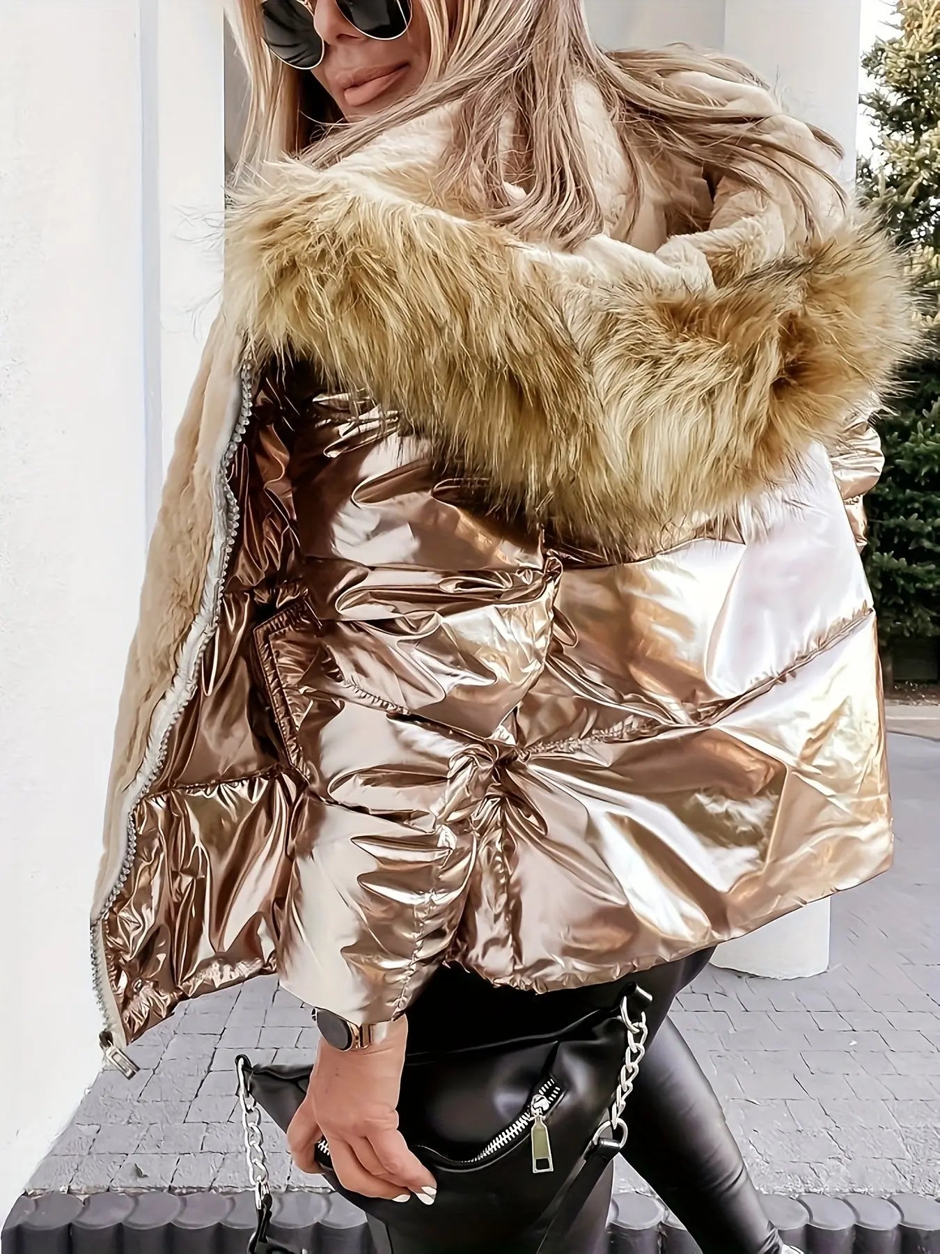 Women’s Cozy Faux Fur Hooded Jacket – Thick Zip-Up Winter Coat with Pockets NNOS