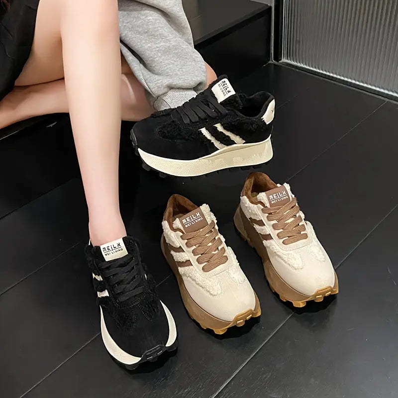 Women’s Winter Lace-Up Sneakers – Cozy Plush Lined Casual Shoes with Cushion NNOS
