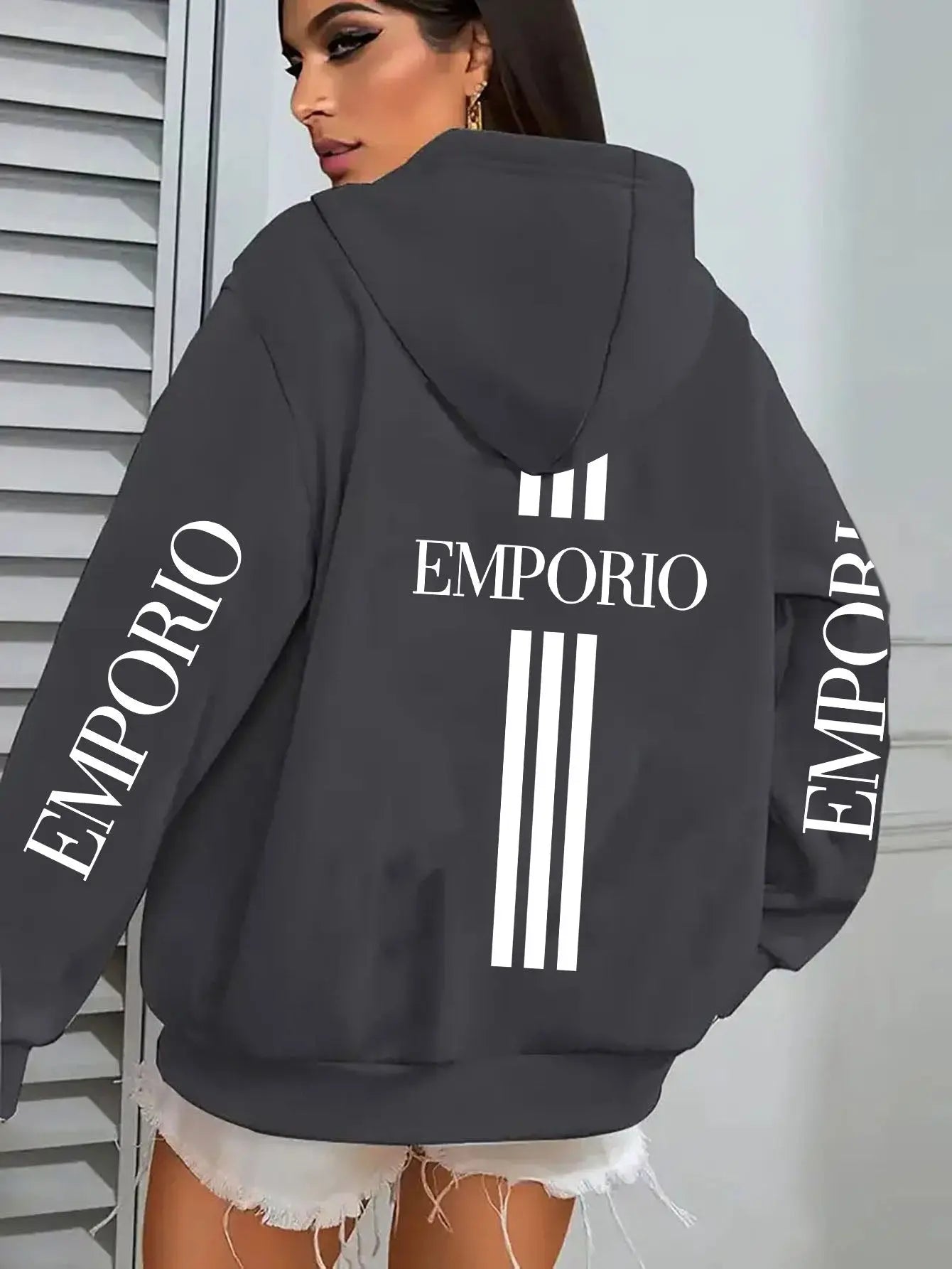 Women’s Pink "EMPORIO" Hoodie – Vibrant Zip-Up Sweatshirt with Three-Stripes NNOS
