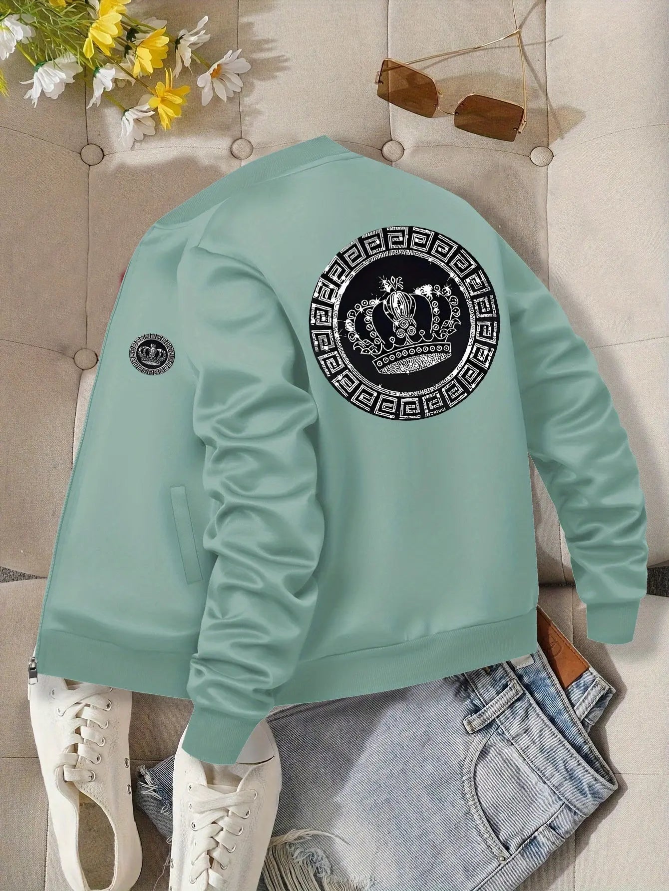Women’s Crown Print Baseball Jacket – Lightweight Zip-Up Casual Streetwear NNOS
