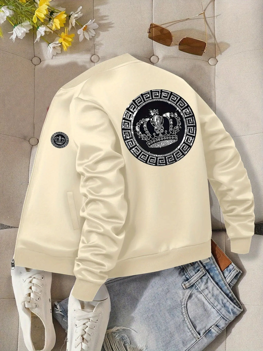 Women’s Crown Print Baseball Jacket – Lightweight Zip-Up Casual Streetwear NNOS