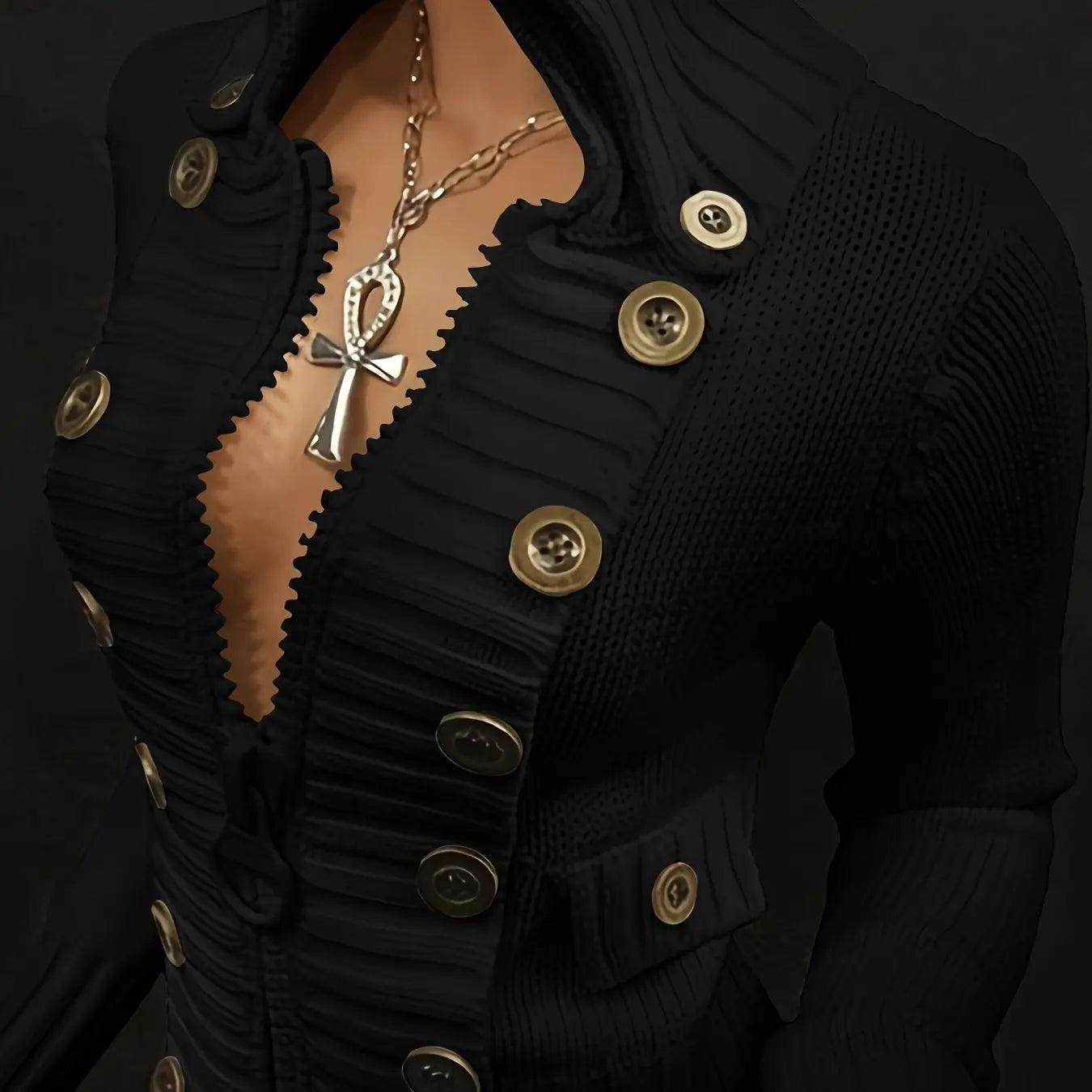Multi-button decorated large zipper stand-up collar slim-fit cardigan NNOS