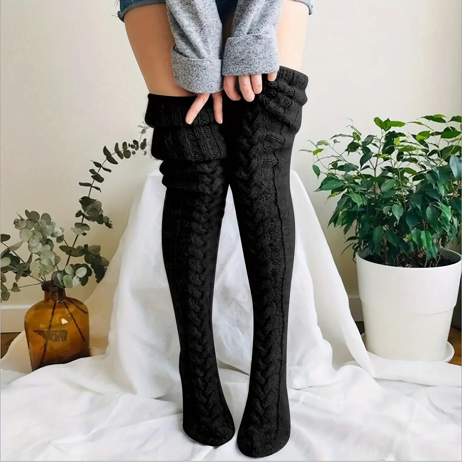 Cozy Knitted Thigh High Socks, Warm & Simple Over The Knee Socks, Women's Stockings & Hosiery NNOS