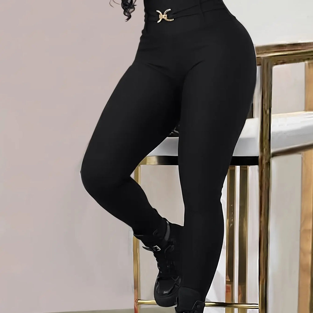 Women’s High-Waist Black Skinny Leggings – Stretchy Fit with Button Detail NNOS