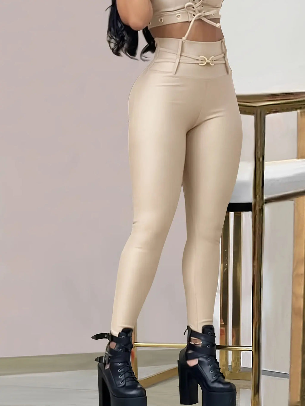 Women’s High-Waist Black Skinny Leggings – Stretchy Fit with Button Detail NNOS