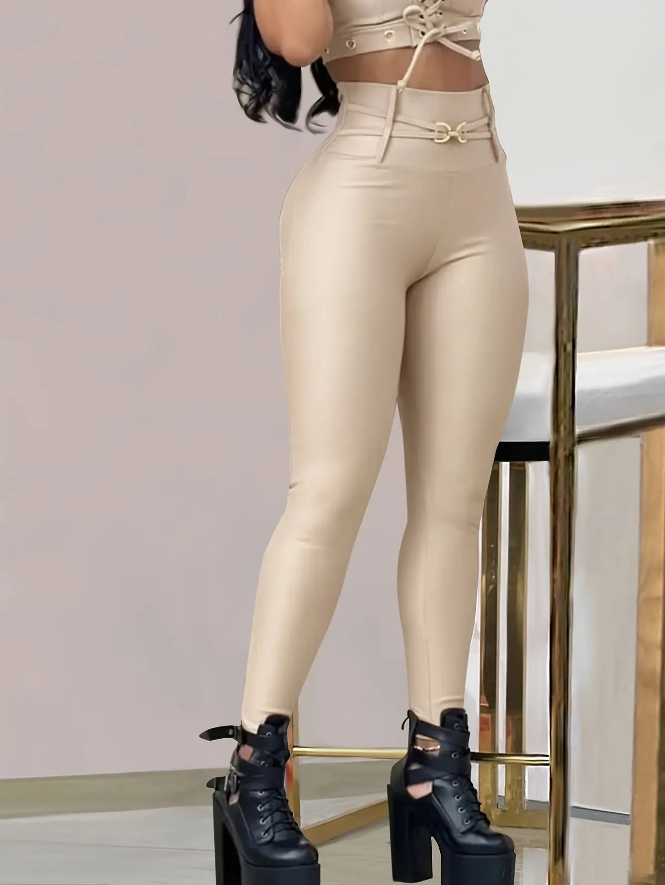 Women’s High-Waist Black Skinny Leggings – Stretchy Fit with Button Detail NNOS