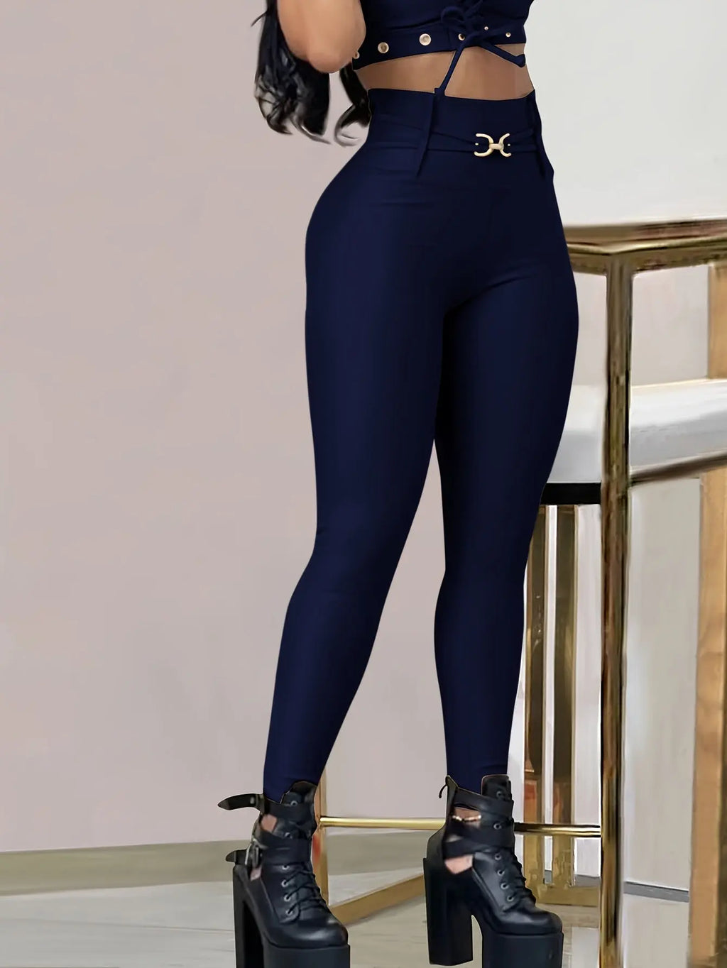 Women’s High-Waist Black Skinny Leggings – Stretchy Fit with Button Detail NNOS