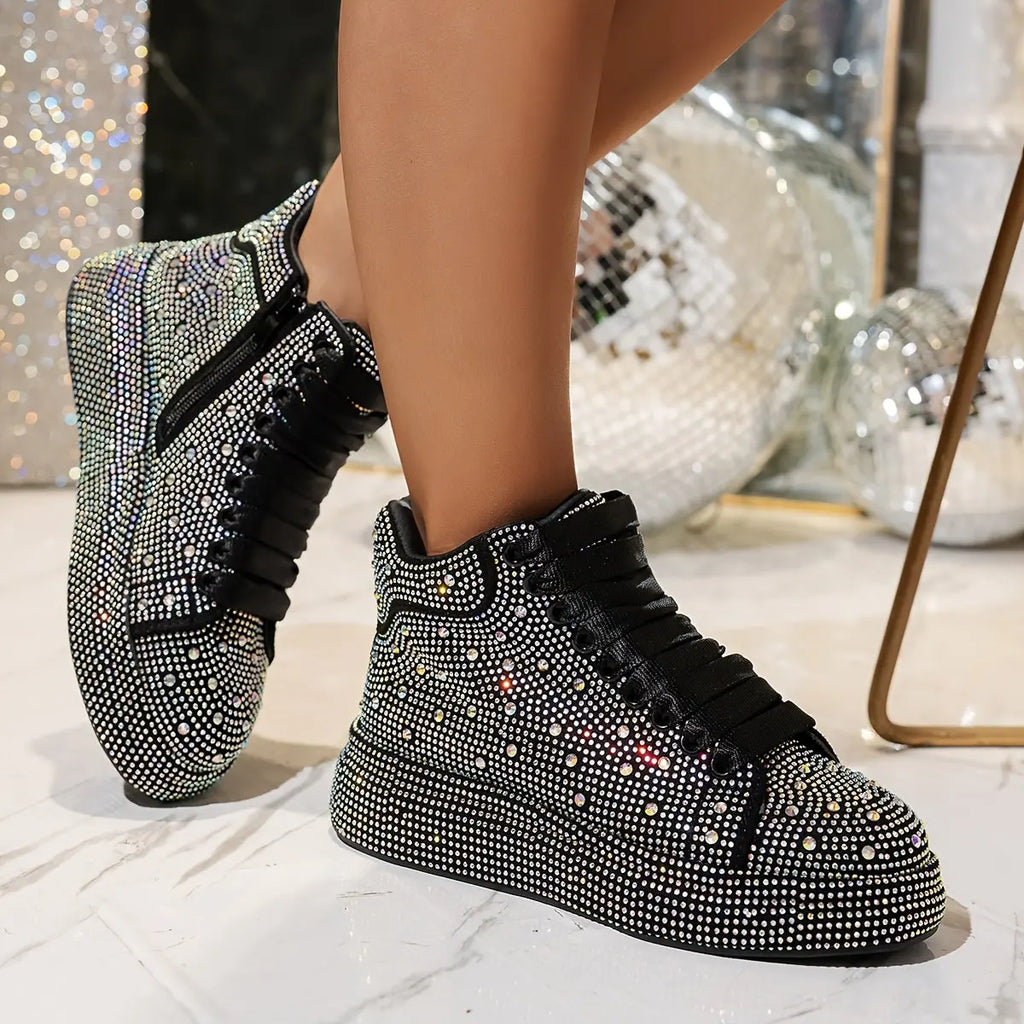 Women’s High-Top Rhinestone Sneakers – Sparkling Platform Lace-Up Casual Shoes NNOS