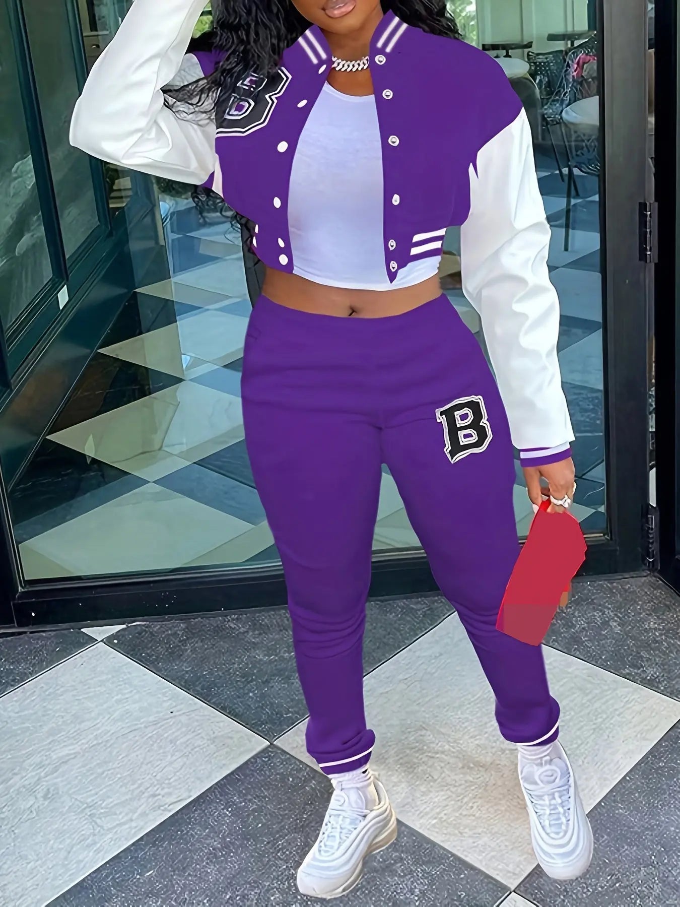 Chic, Women's Casual Letter Print Baseball Jacket and Pants Set - Red and White, Polyester Blend, Machine Washable, Fall/Winter Fashion Ensemble NNOS