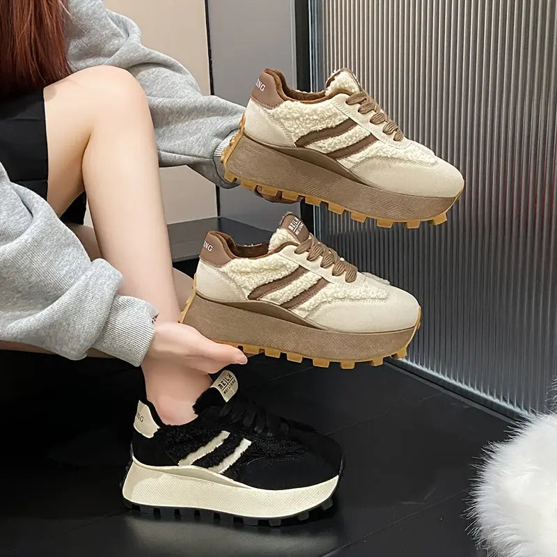 Women’s Winter Lace-Up Sneakers – Cozy Plush Lined Casual Shoes with Cushion NNOS