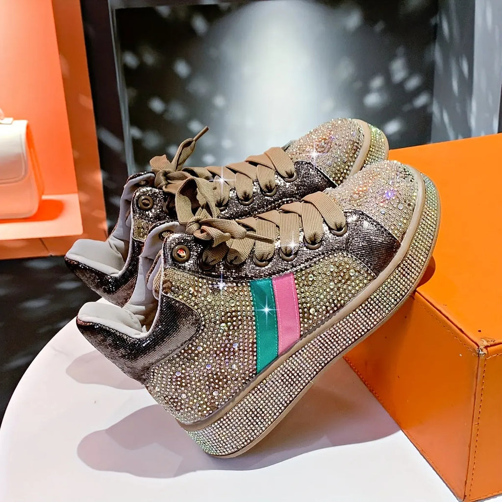 Women’s High-Top Rhinestone Sneakers – Sparkling Platform Lace-Up Casual Shoes NNOS
