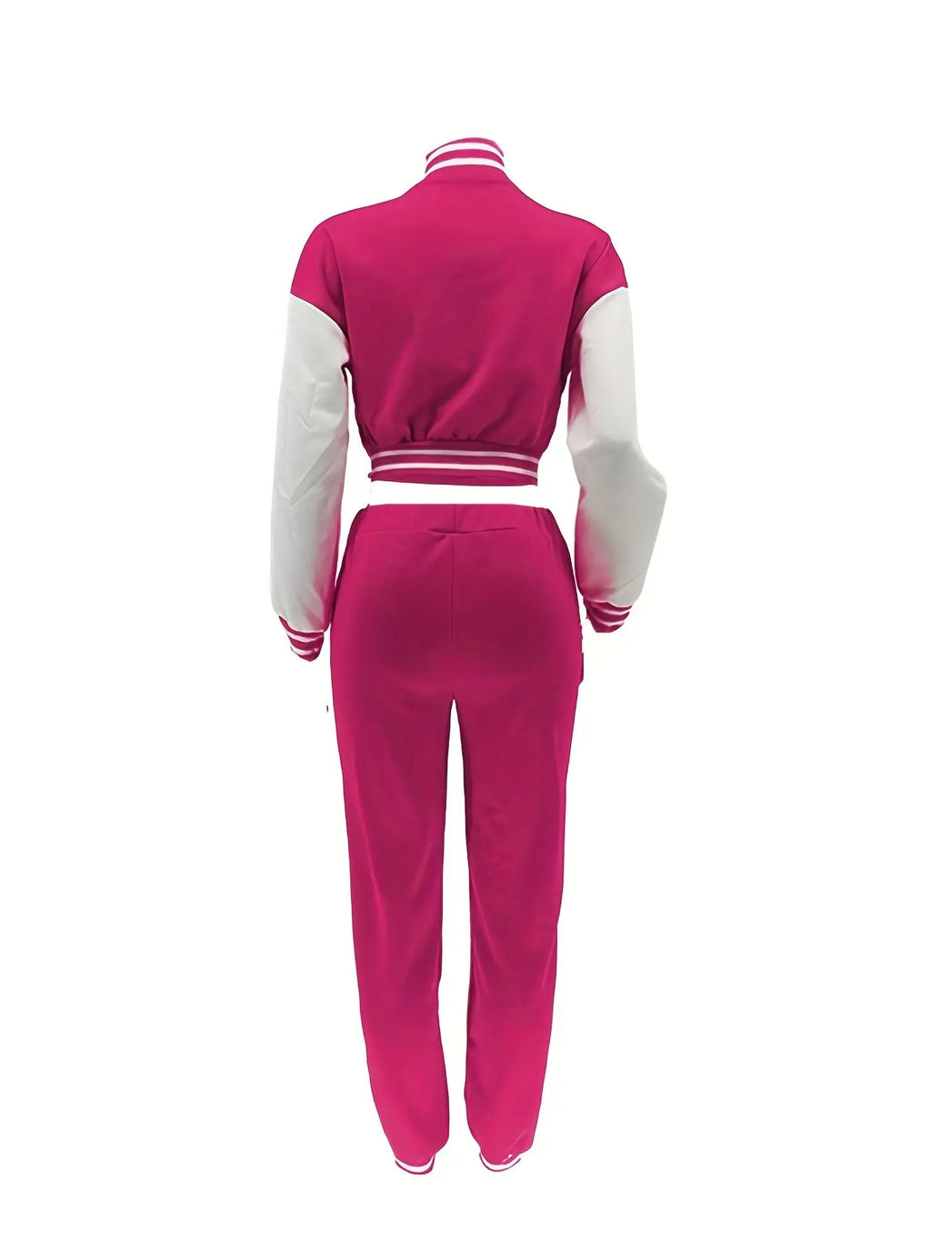Chic, Women's Casual Letter Print Baseball Jacket and Pants Set - Red and White, Polyester Blend, Machine Washable, Fall/Winter Fashion Ensemble NNOS