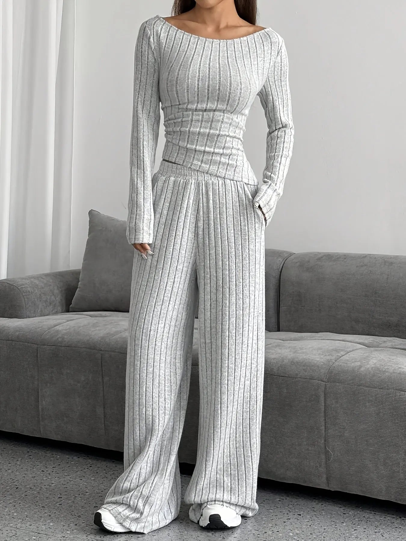 Elegant Knit Suit, Deep Gray, Scoop Neck, One Shoulder, Asymmetrical Shoulde NNOS