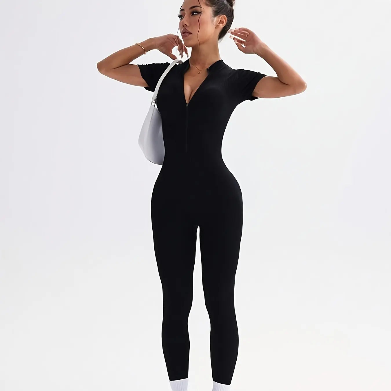 Women’s High-Waist Yoga Onesie – Stretchy Zipper Athletic Jumpsuit Activewear NNOS