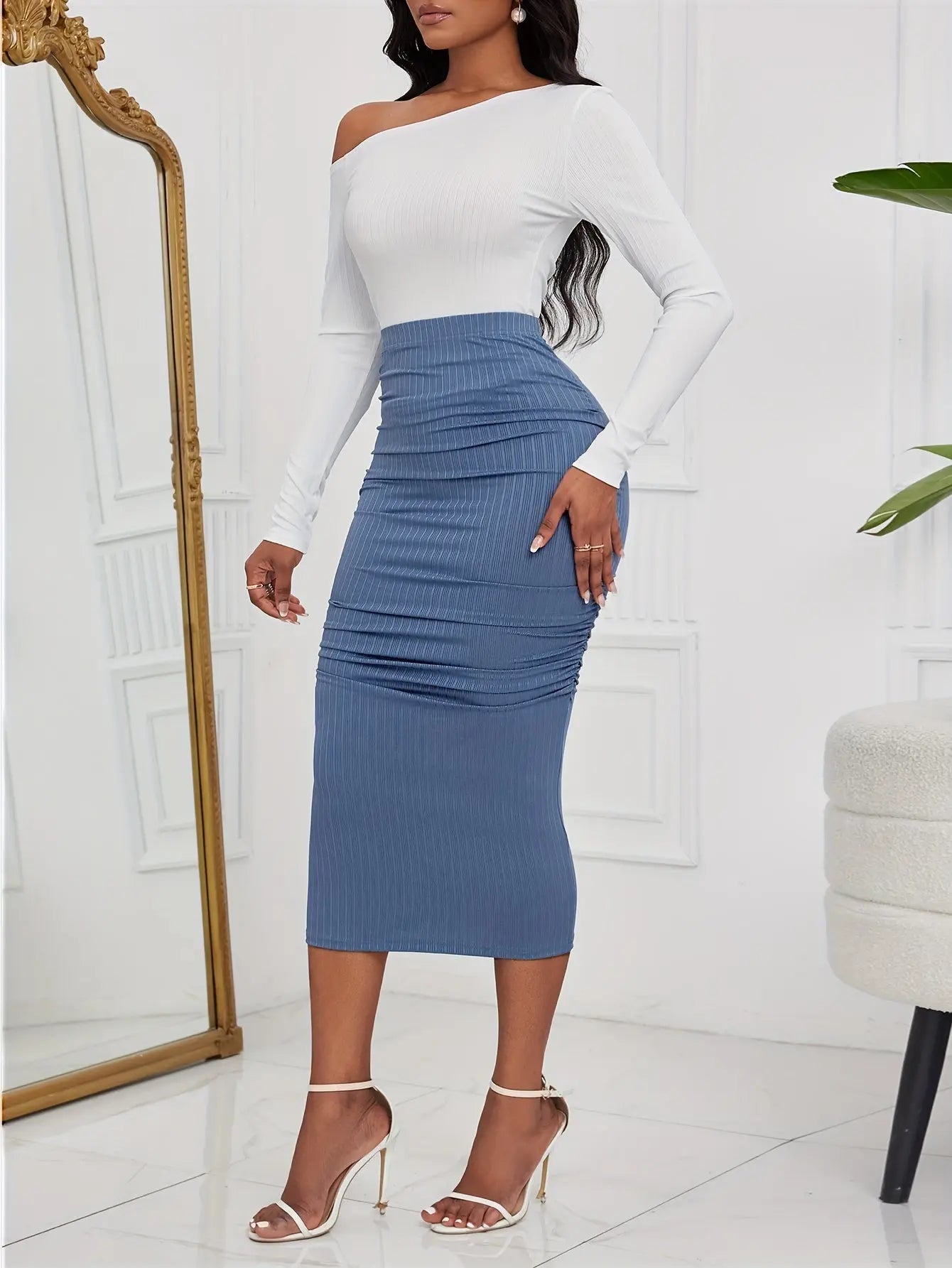 Elegant Women’s Two-Piece Skirt Set – One-Shoulder Top & Bodycon Skirt Outfit NNOS