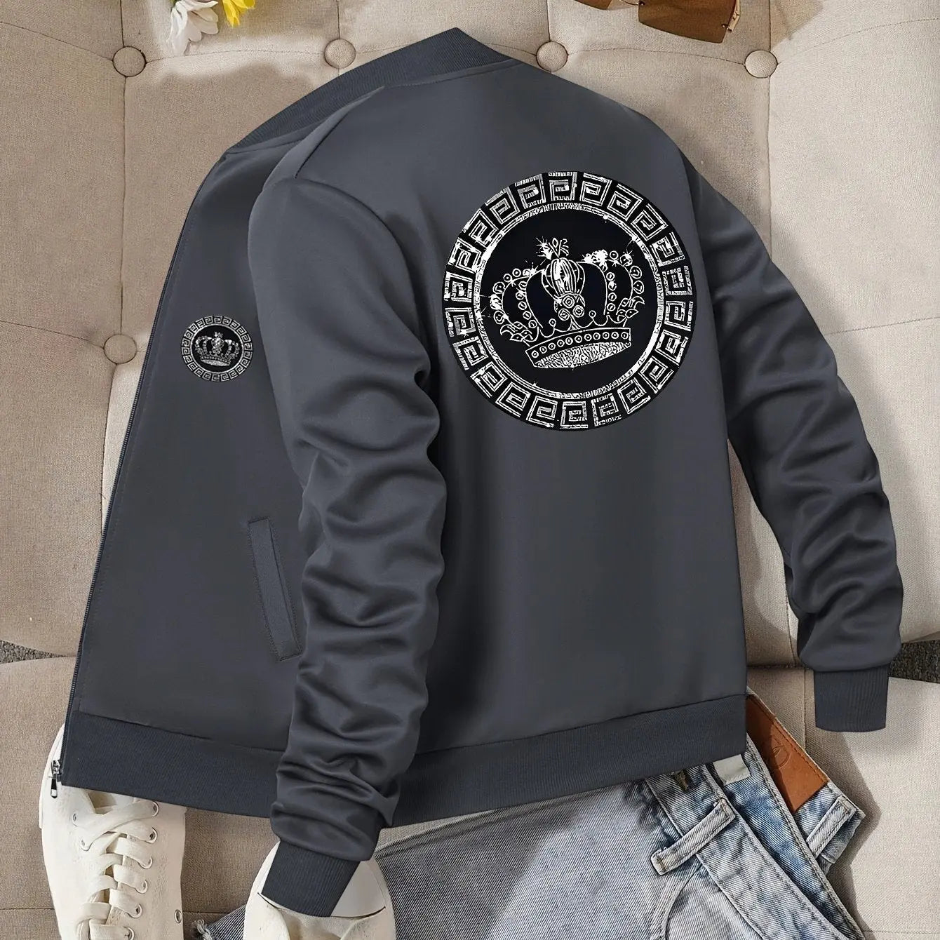 Women’s Crown Print Baseball Jacket – Lightweight Zip-Up Casual Streetwear NNOS