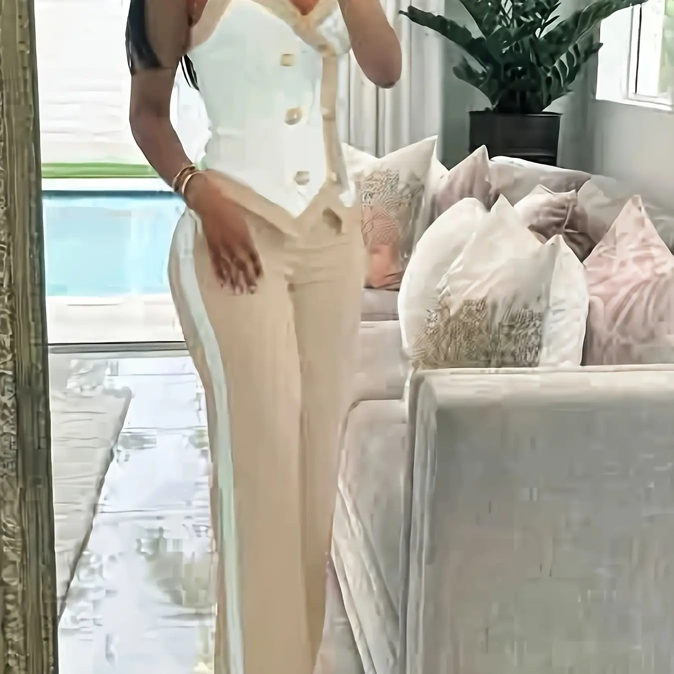 Chic Chain V-Neck Camisole & Color-Block Pants Set – Trendy Spring/Summer Look NNOS