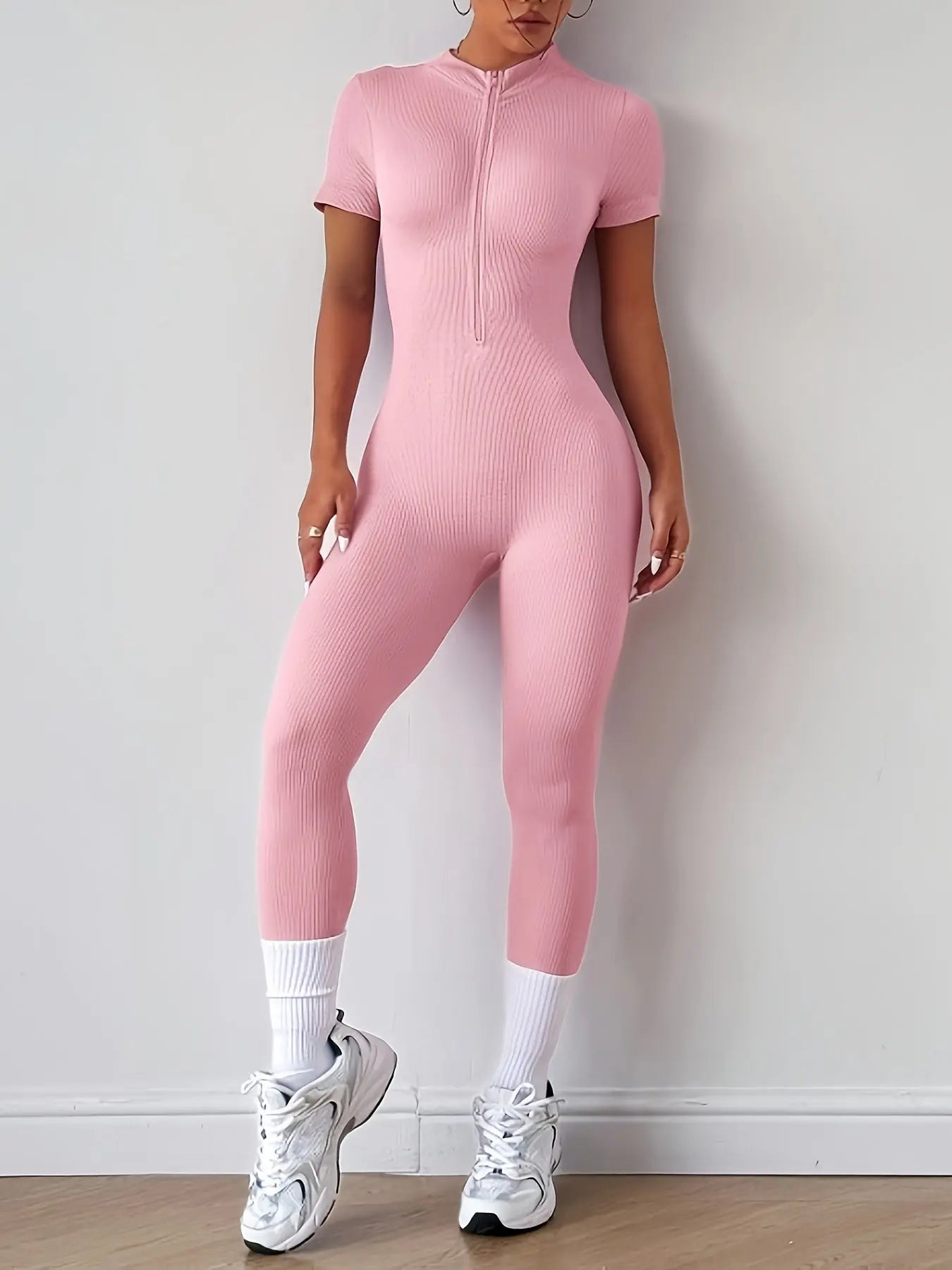 Women’s High-Waist Yoga Onesie – Stretchy Zipper Athletic Jumpsuit Activewear NNOS