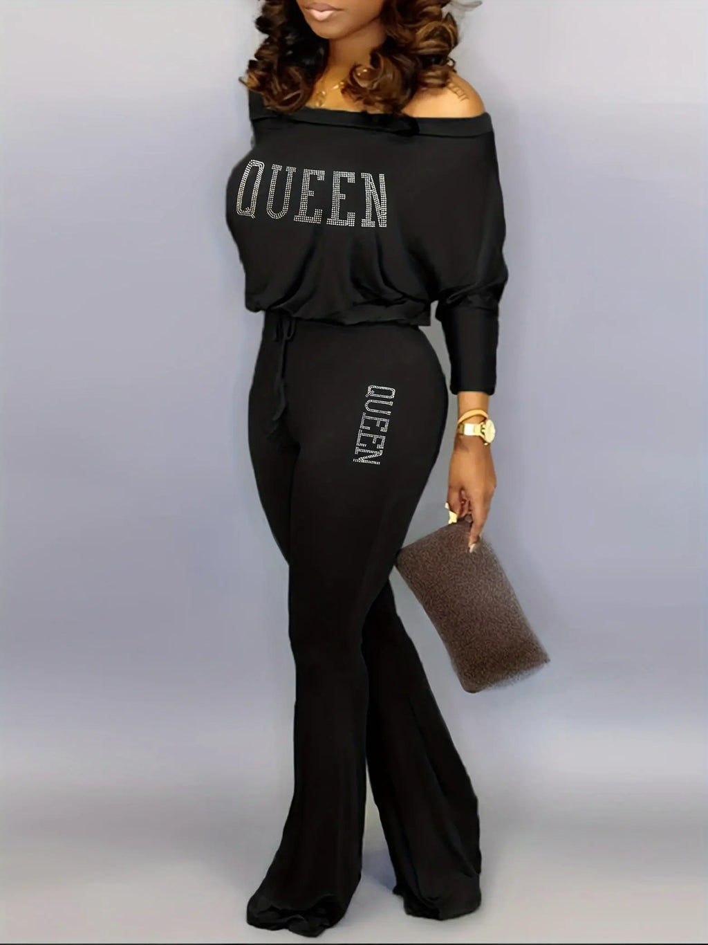 Women’s Off-Shoulder QUEEN Jumpsuit – Rhinestone Graphic Long Sleeve Outfit NNOS