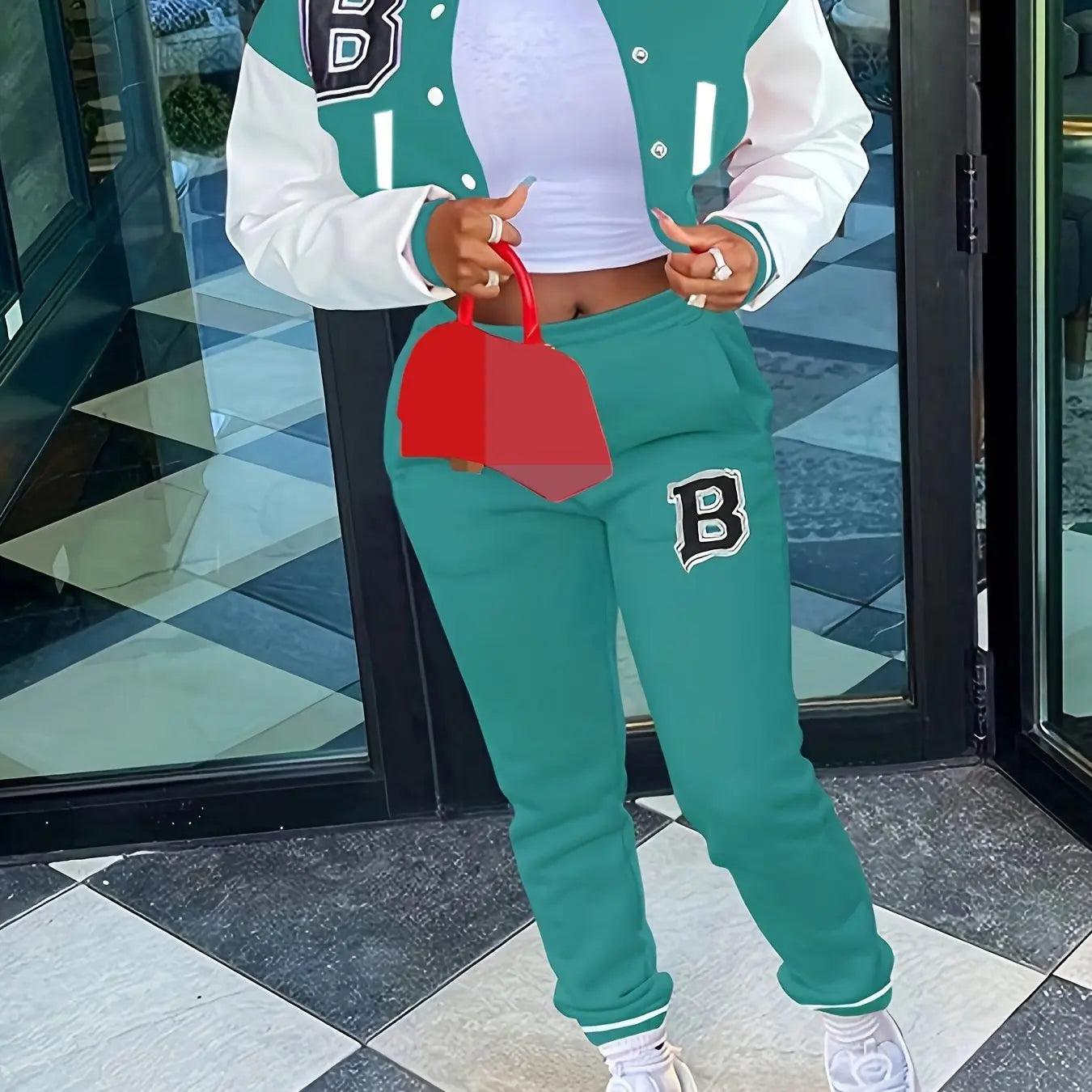 Chic, Women's Casual Letter Print Baseball Jacket and Pants Set - Red and White, Polyester Blend, Machine Washable, Fall/Winter Fashion Ensemble NNOS