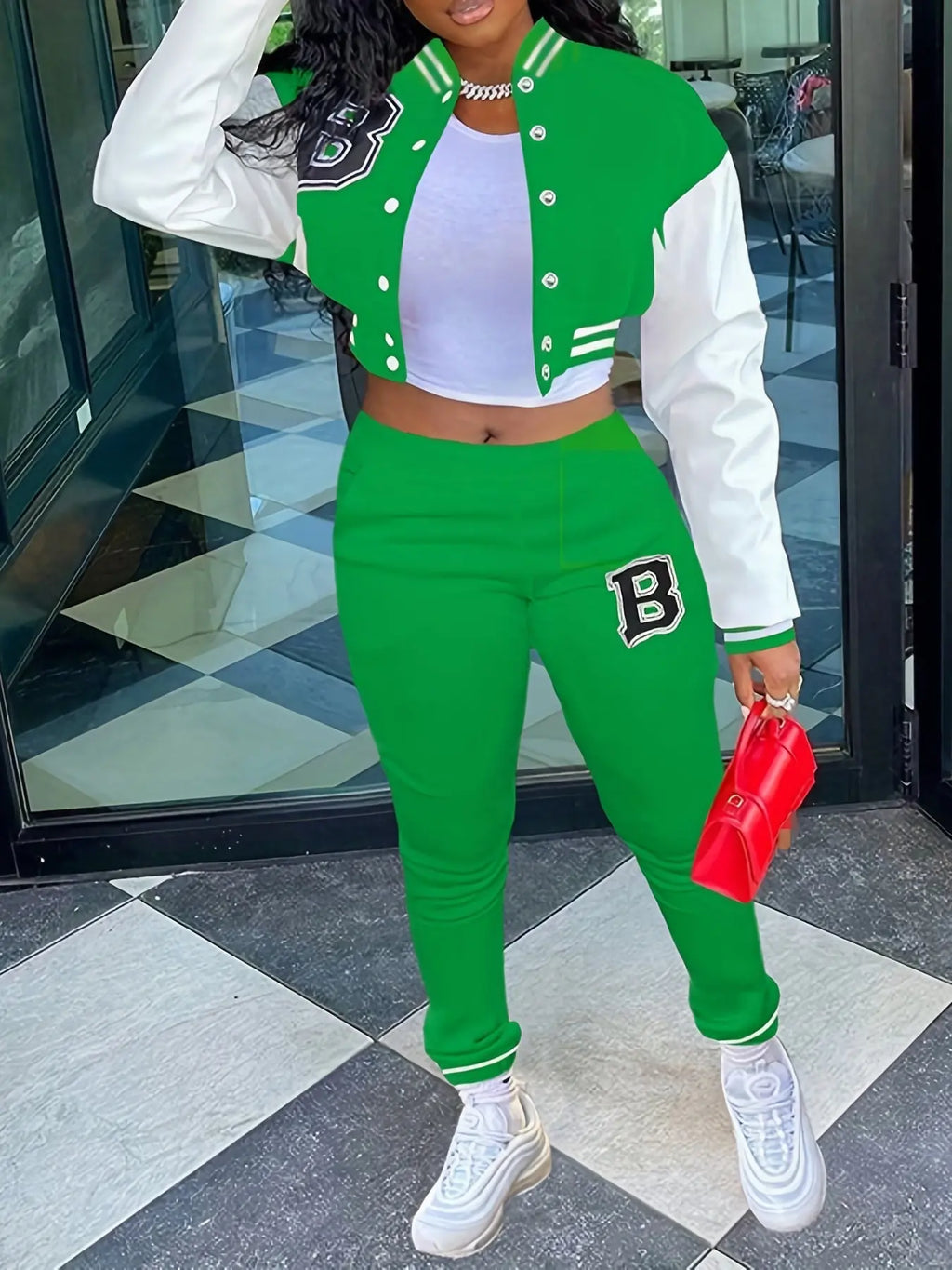 Chic, Women's Casual Letter Print Baseball Jacket and Pants Set - Red and White, Polyester Blend, Machine Washable, Fall/Winter Fashion Ensemble NNOS