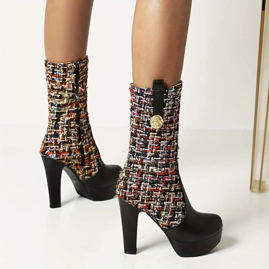 Boots Women's New Spring and Autumn Fashion Stitching Round Head Thick Heel High Heels Mid-Calf Riding Boots Long Boots Women NNOS