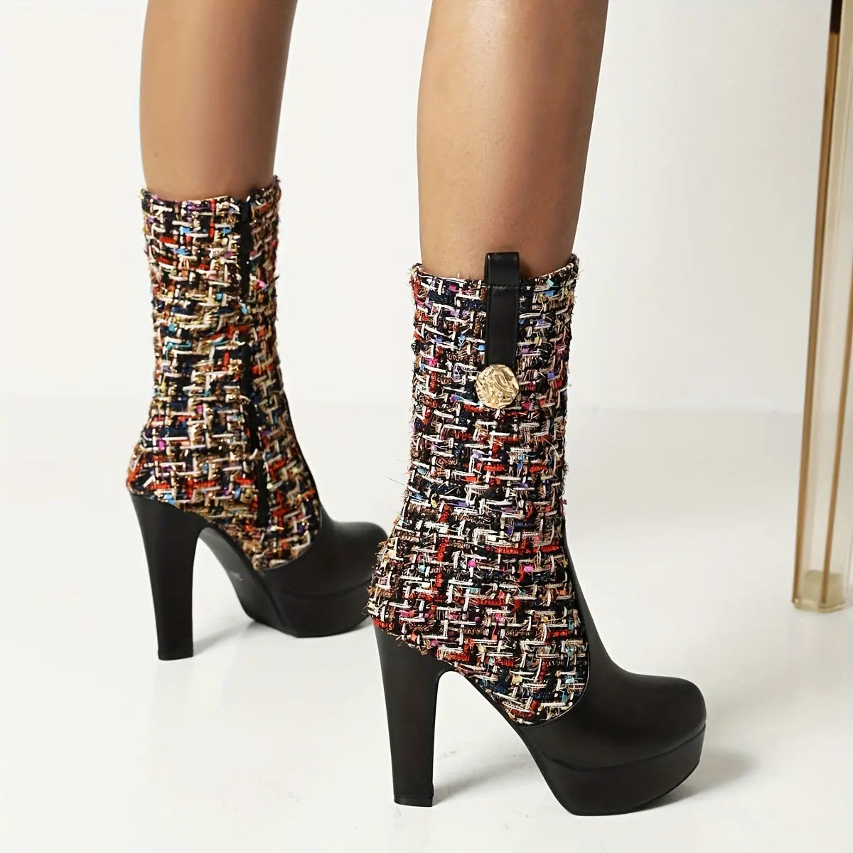 Boots Women's New Spring and Autumn Fashion Stitching Round Head Thick Heel High Heels Mid-Calf Riding Boots Long Boots Women NNOS