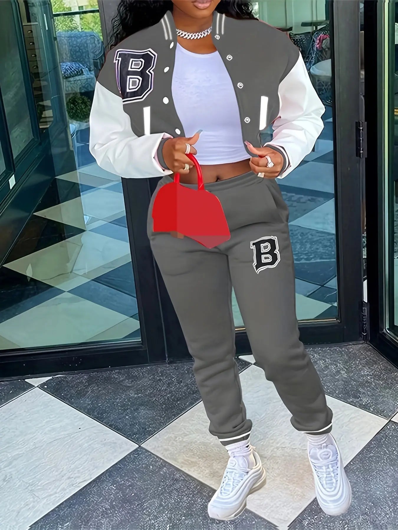 Chic, Women's Casual Letter Print Baseball Jacket and Pants Set - Red and White, Polyester Blend, Machine Washable, Fall/Winter Fashion Ensemble NNOS