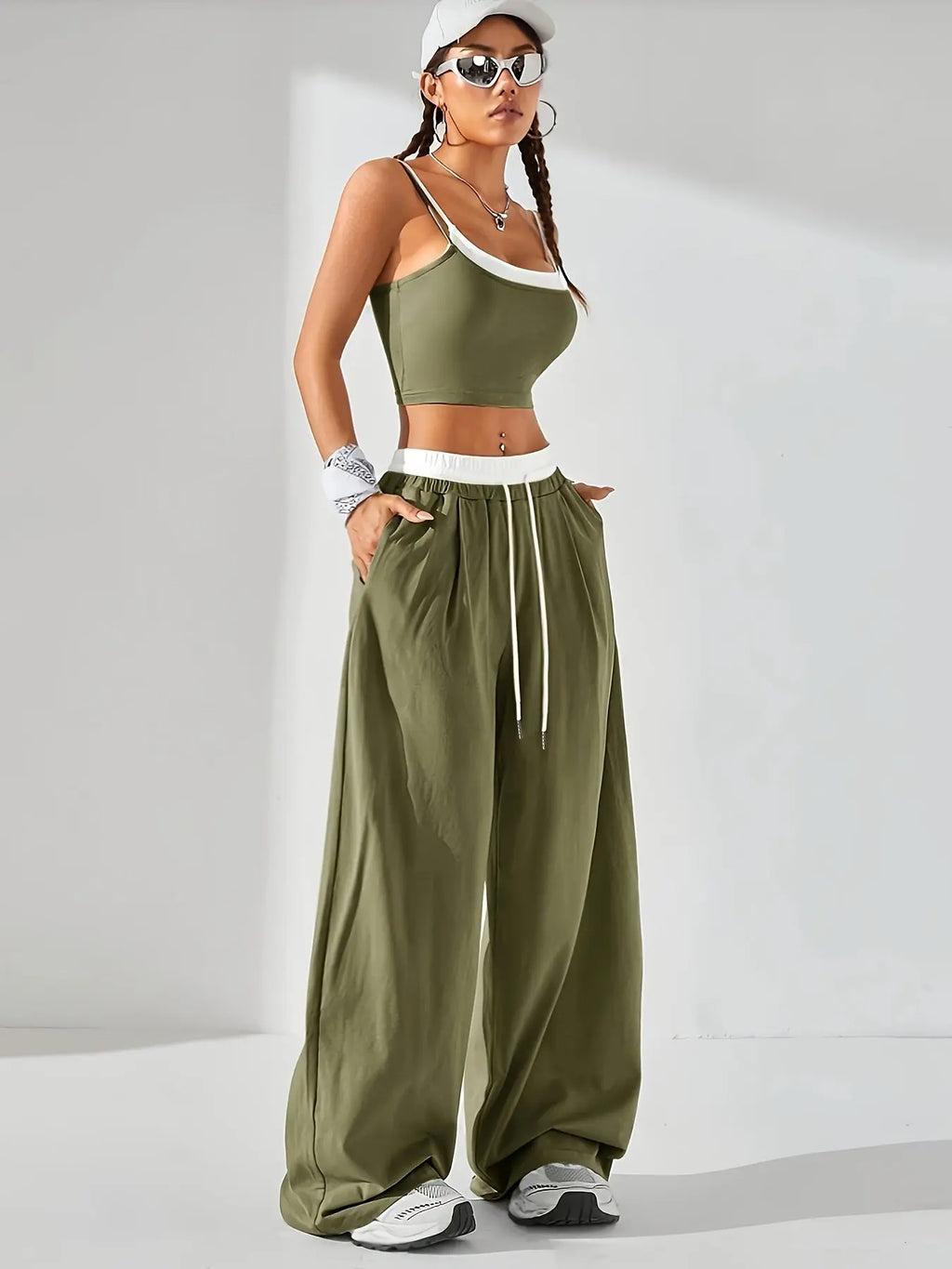 Women's Long Pants Suit Summer Sleeveless Crop Top and Trousers Casual Contrast Vest Set Elegant Two-Piece Outfit NNOS