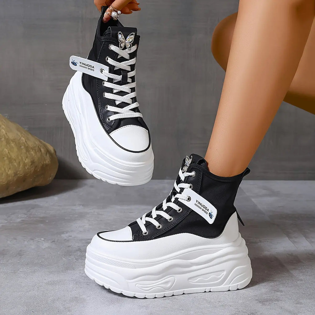 Women’s Rhinestone Butterfly Sneakers – High-Top Lace-Up Platform Preppy Shoes NNOS