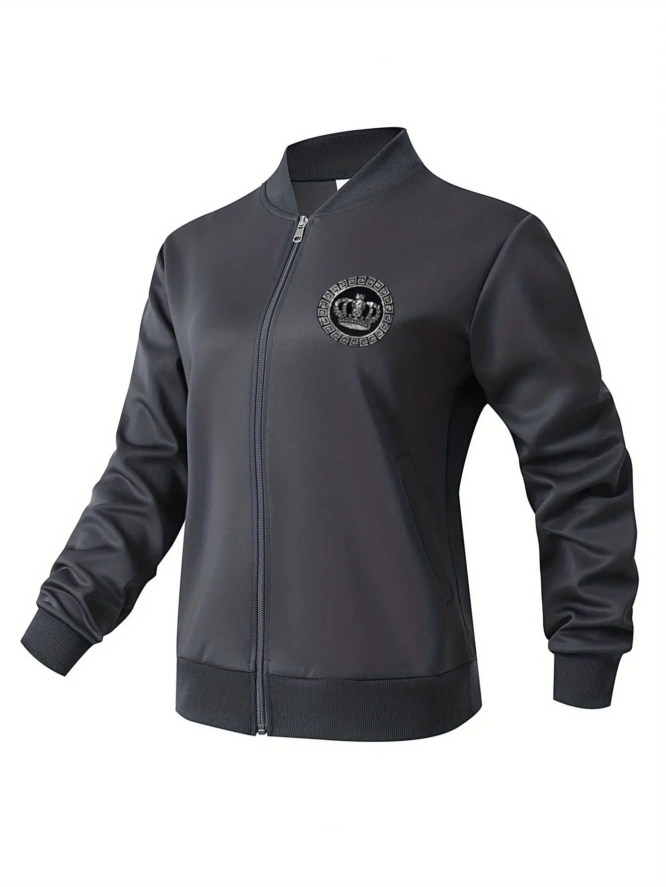 Women’s Crown Print Baseball Jacket – Lightweight Zip-Up Casual Streetwear NNOS