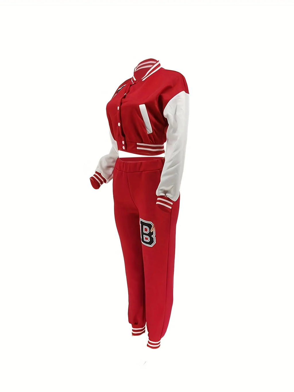 Chic, Women's Casual Letter Print Baseball Jacket and Pants Set - Red and White, Polyester Blend, Machine Washable, Fall/Winter Fashion Ensemble NNOS