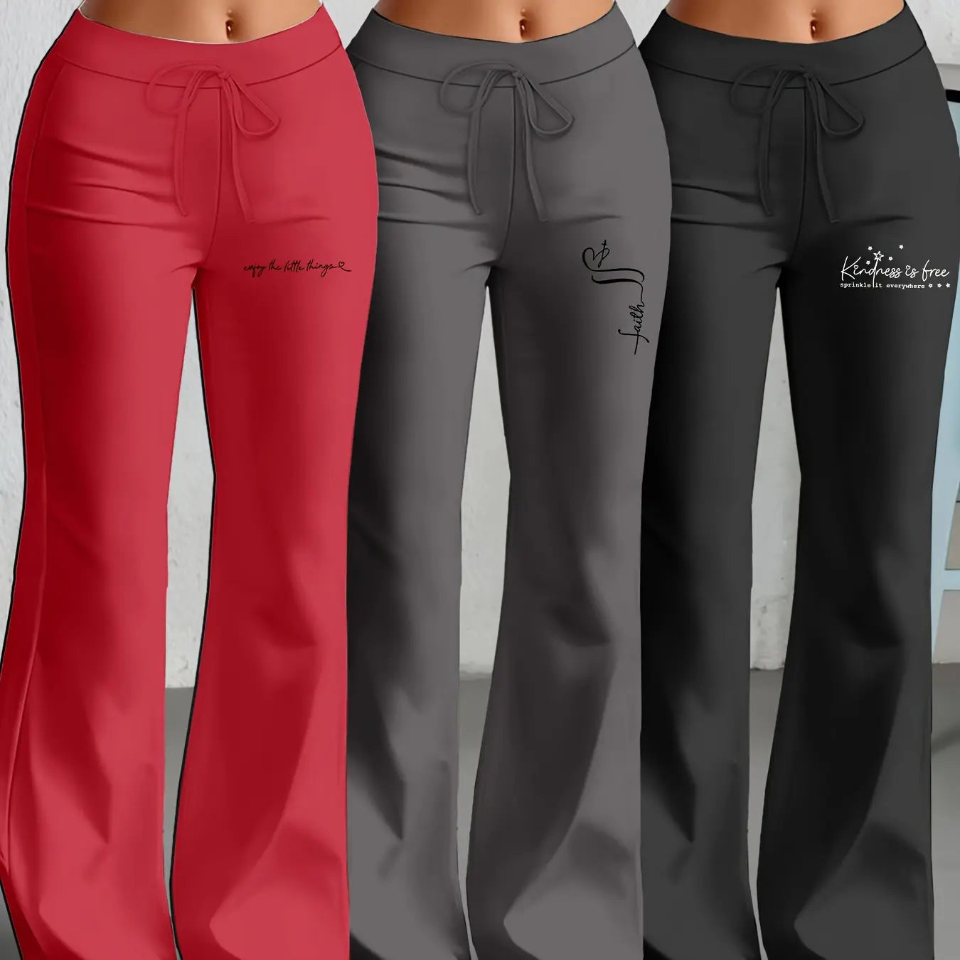 European and American Women's Straight-Leg Flare Pants Classic Personality English Text Print Long Pants 3pcs Set NNOS