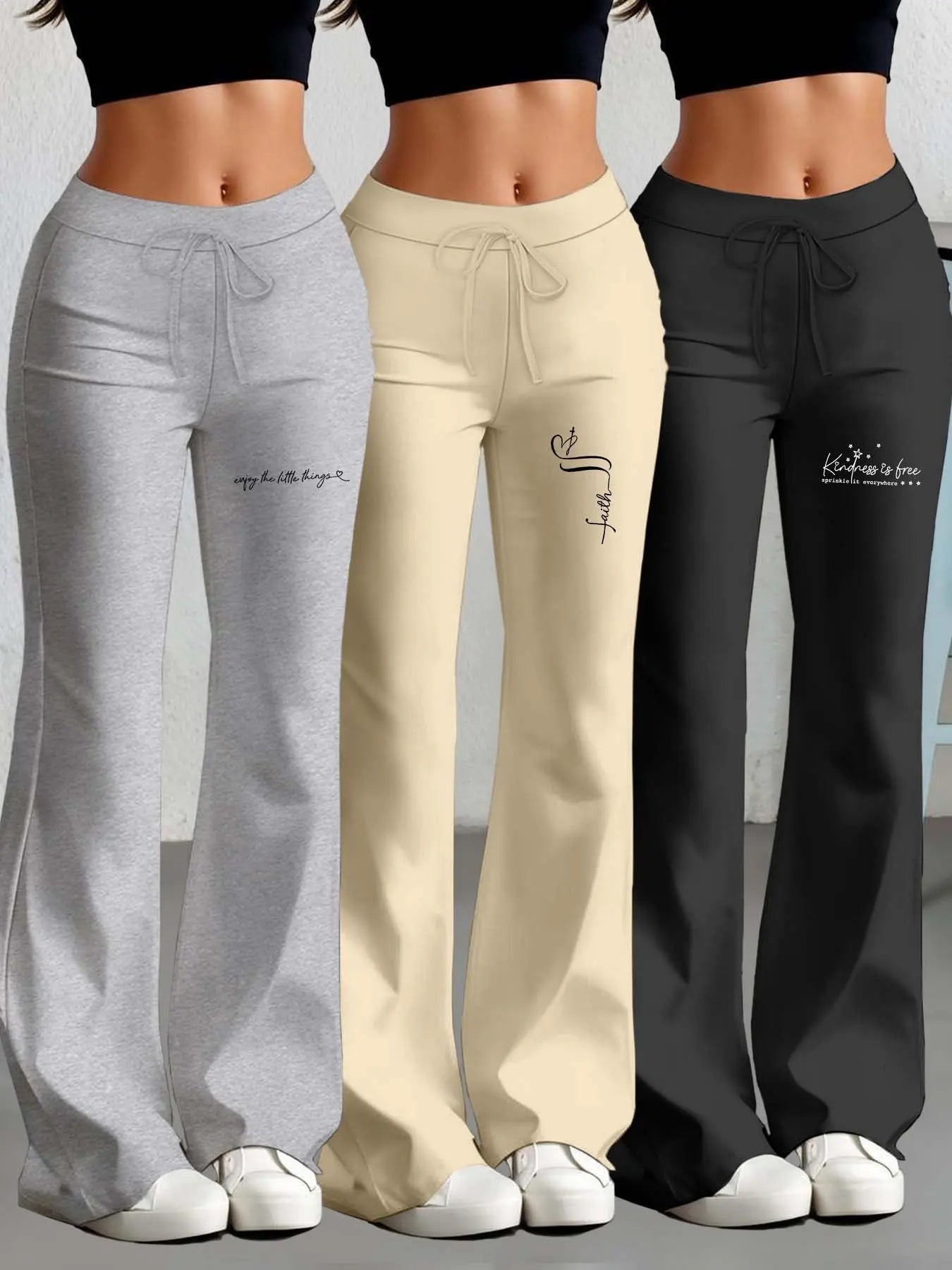 European and American Women's Straight-Leg Flare Pants Classic Personality English Text Print Long Pants 3pcs Set NNOS