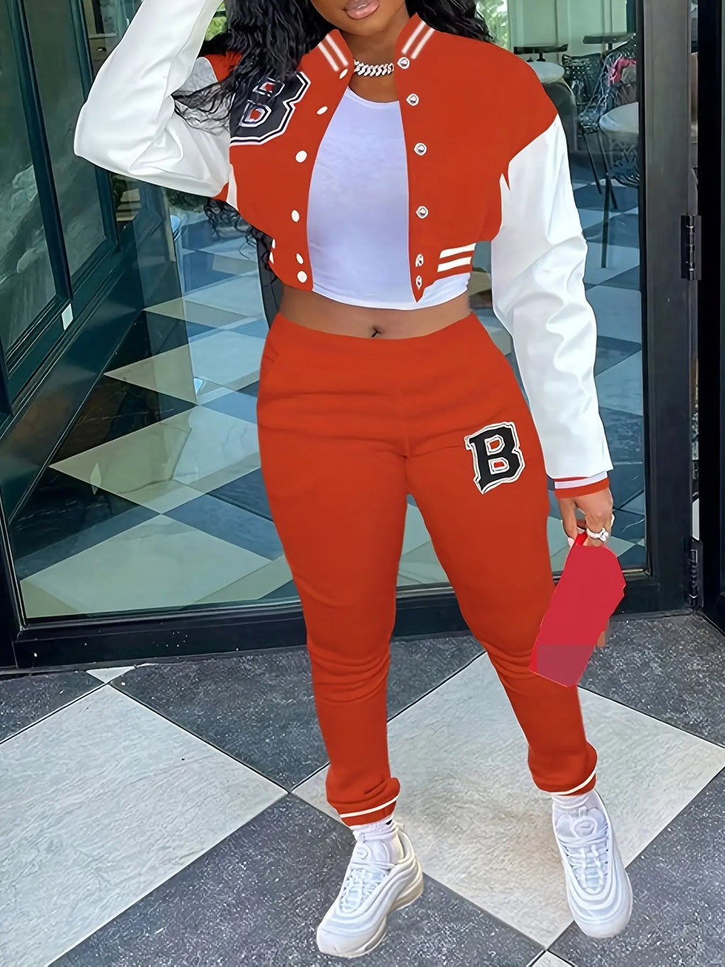 Chic, Women's Casual Letter Print Baseball Jacket and Pants Set - Red and White, Polyester Blend, Machine Washable, Fall/Winter Fashion Ensemble NNOS