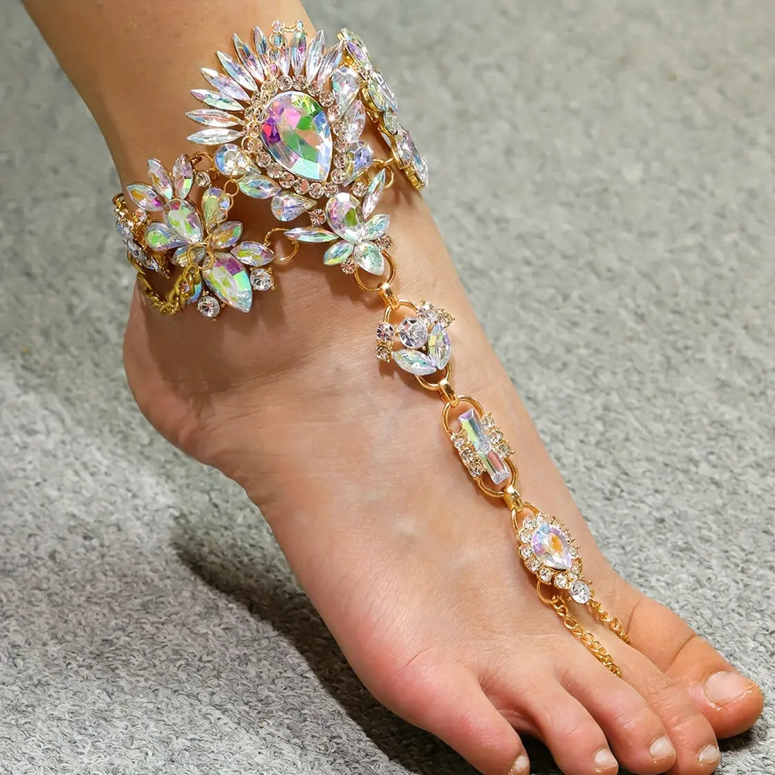 Boho Chic Colorful Crystal Toe Ring Anklet – Trendy Beach & Seaside Jewelry NNOS