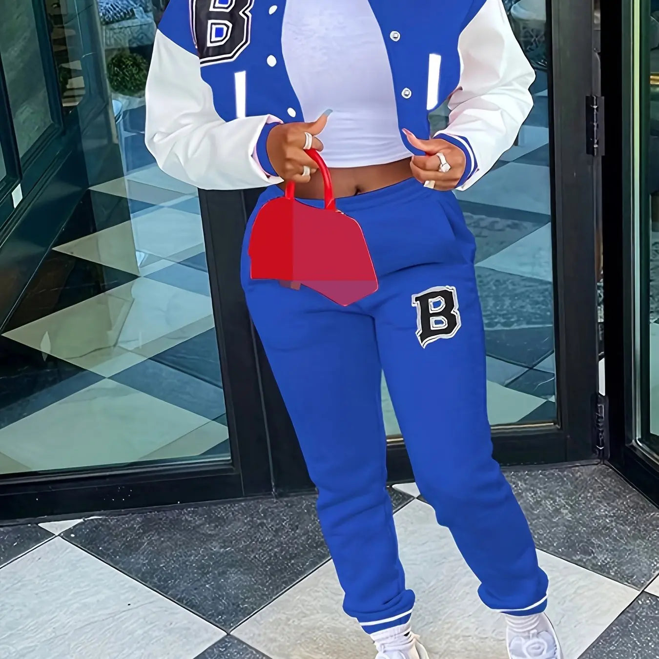 Chic, Women's Casual Letter Print Baseball Jacket and Pants Set - Red and White, Polyester Blend, Machine Washable, Fall/Winter Fashion Ensemble NNOS