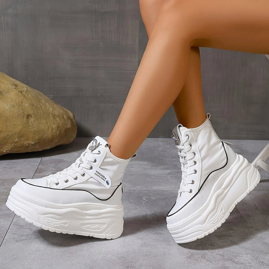 Women’s Rhinestone Butterfly Sneakers – High-Top Lace-Up Platform Preppy Shoes NNOS