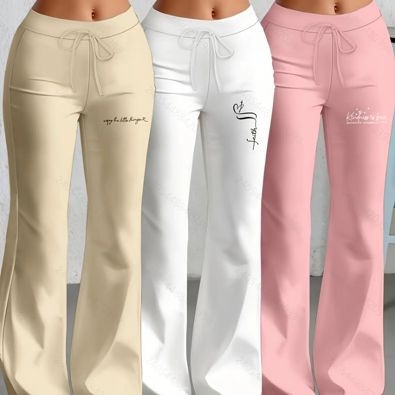 European and American Women's Straight-Leg Flare Pants Classic Personality English Text Print Long Pants 3pcs Set NNOS