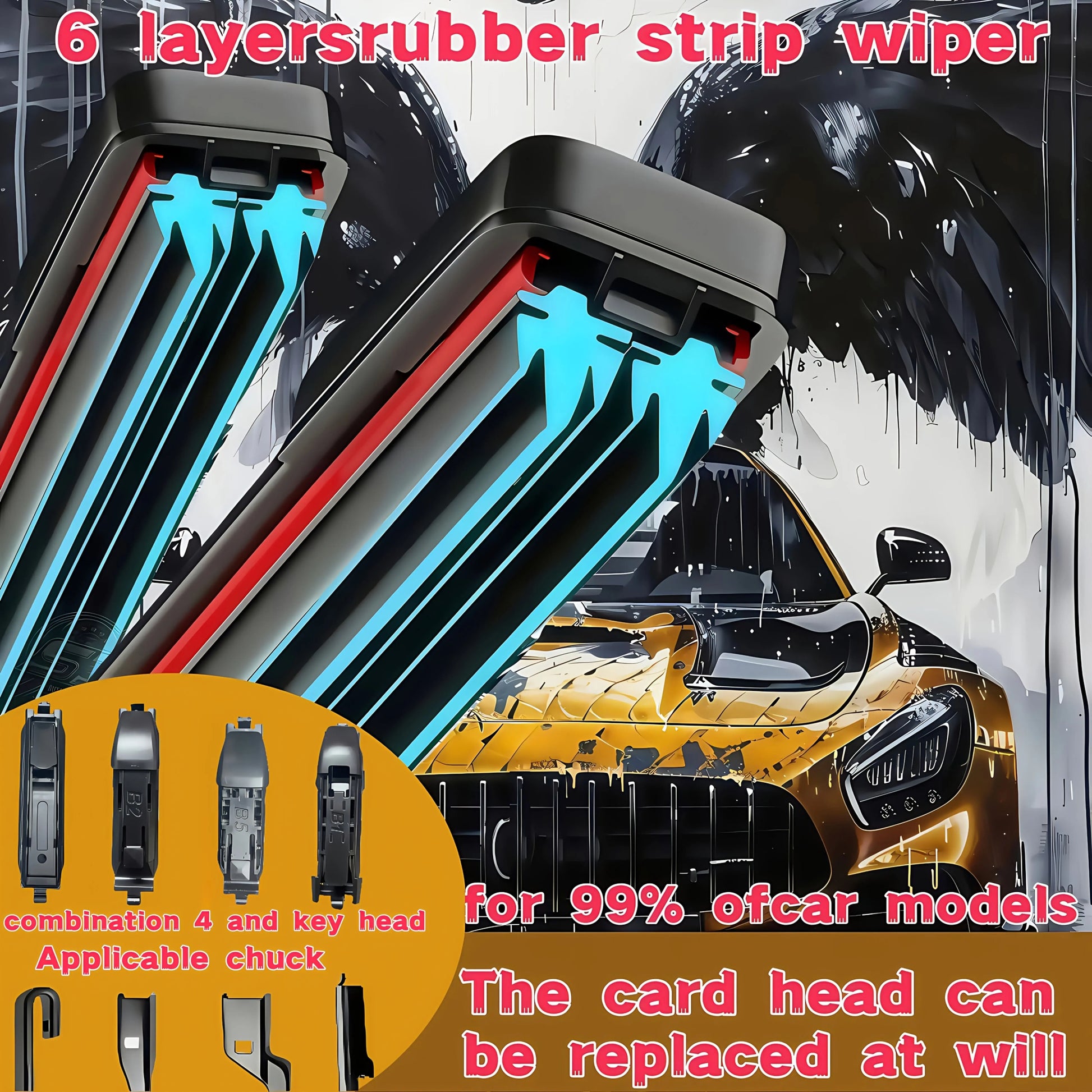 Brand New Upgraded All-Season Car Windshield Wipers with U/J Type Hook Blades + 3pcs Adapter Replacement Heads/6 Rubber Strips for Car Wipers, Featuring a High-Quality Rubber Stable Base Design for Quiet, Durable, And Clear A NNOS
