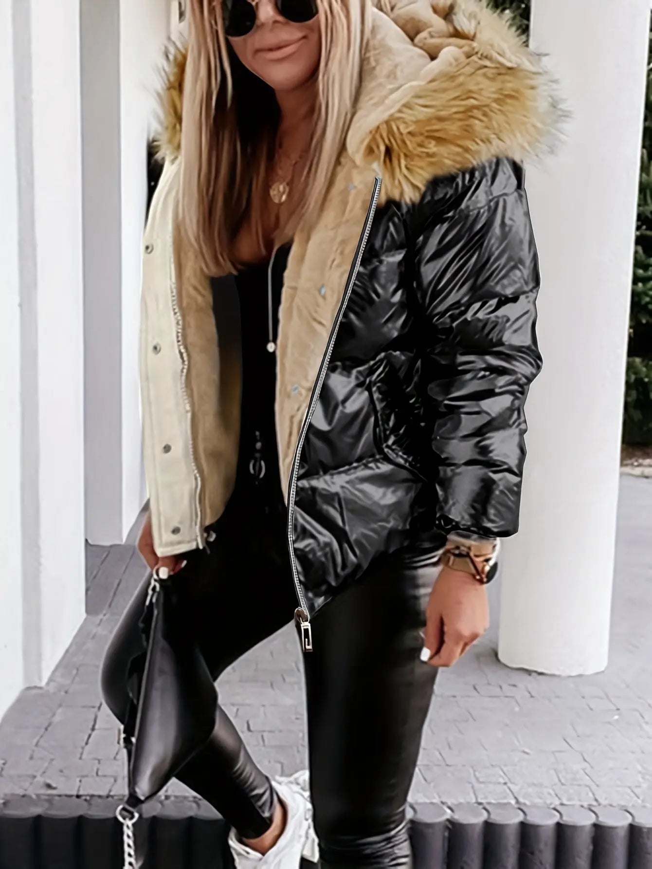 Women’s Cozy Faux Fur Hooded Jacket – Thick Zip-Up Winter Coat with Pockets NNOS