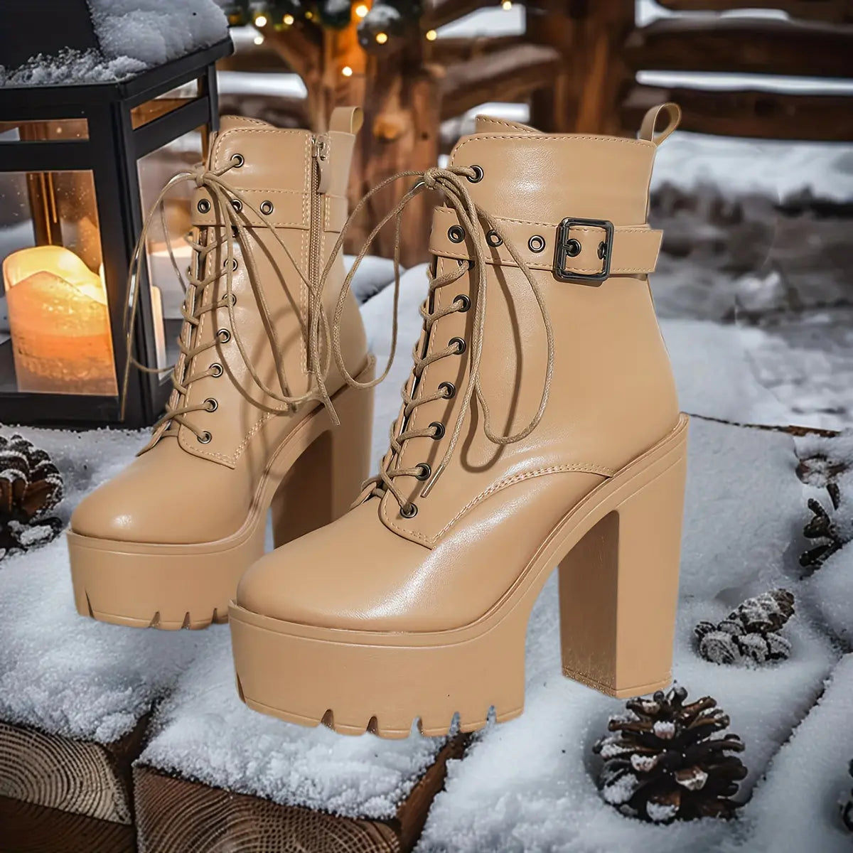 Women’s Chunky Platform Boots – Brown Lace-Up Zip Heeled Boots with Non-Slip Sole NNOS